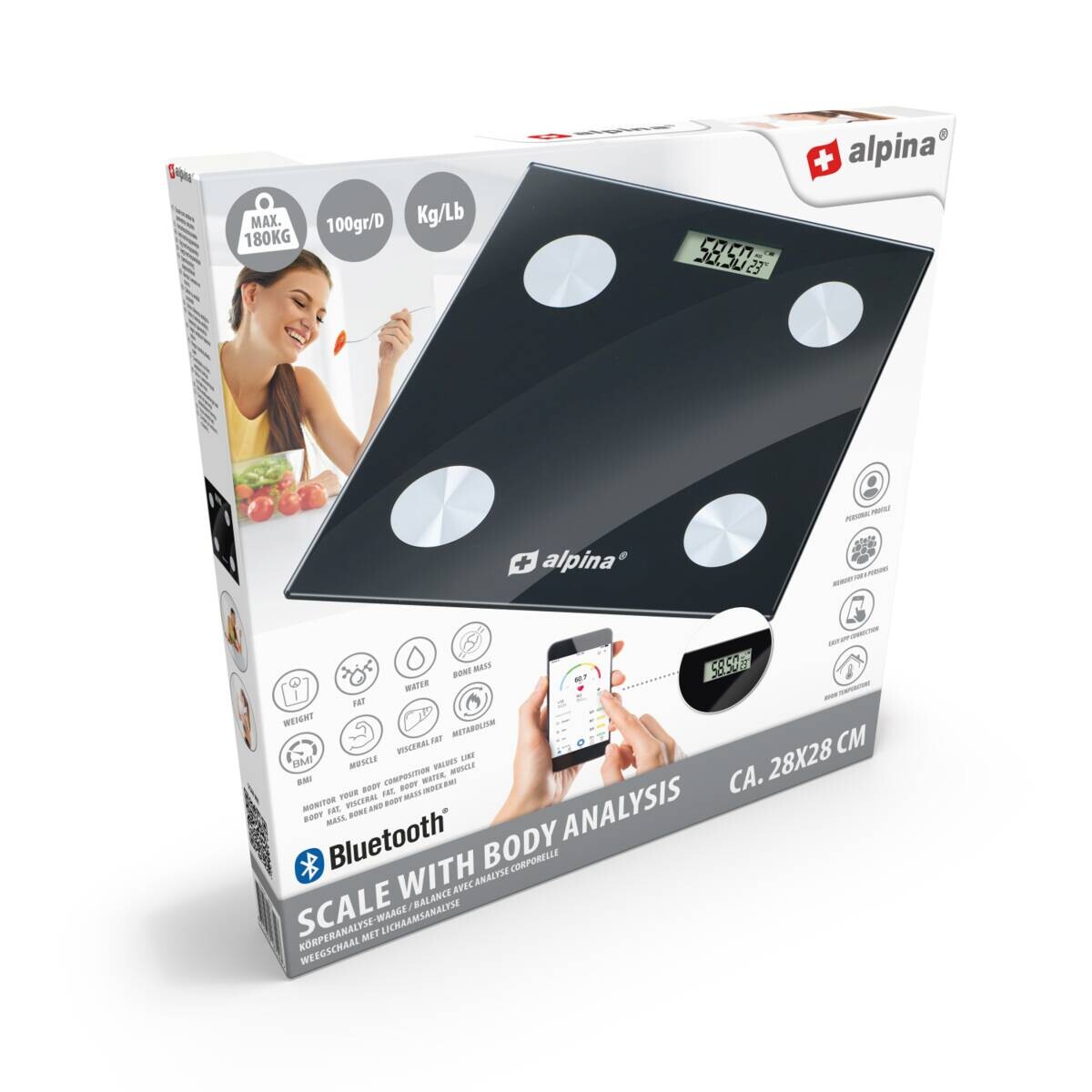 alpina Personenwaage schwarz Edelstahl B/L: ca. 28x28 cm