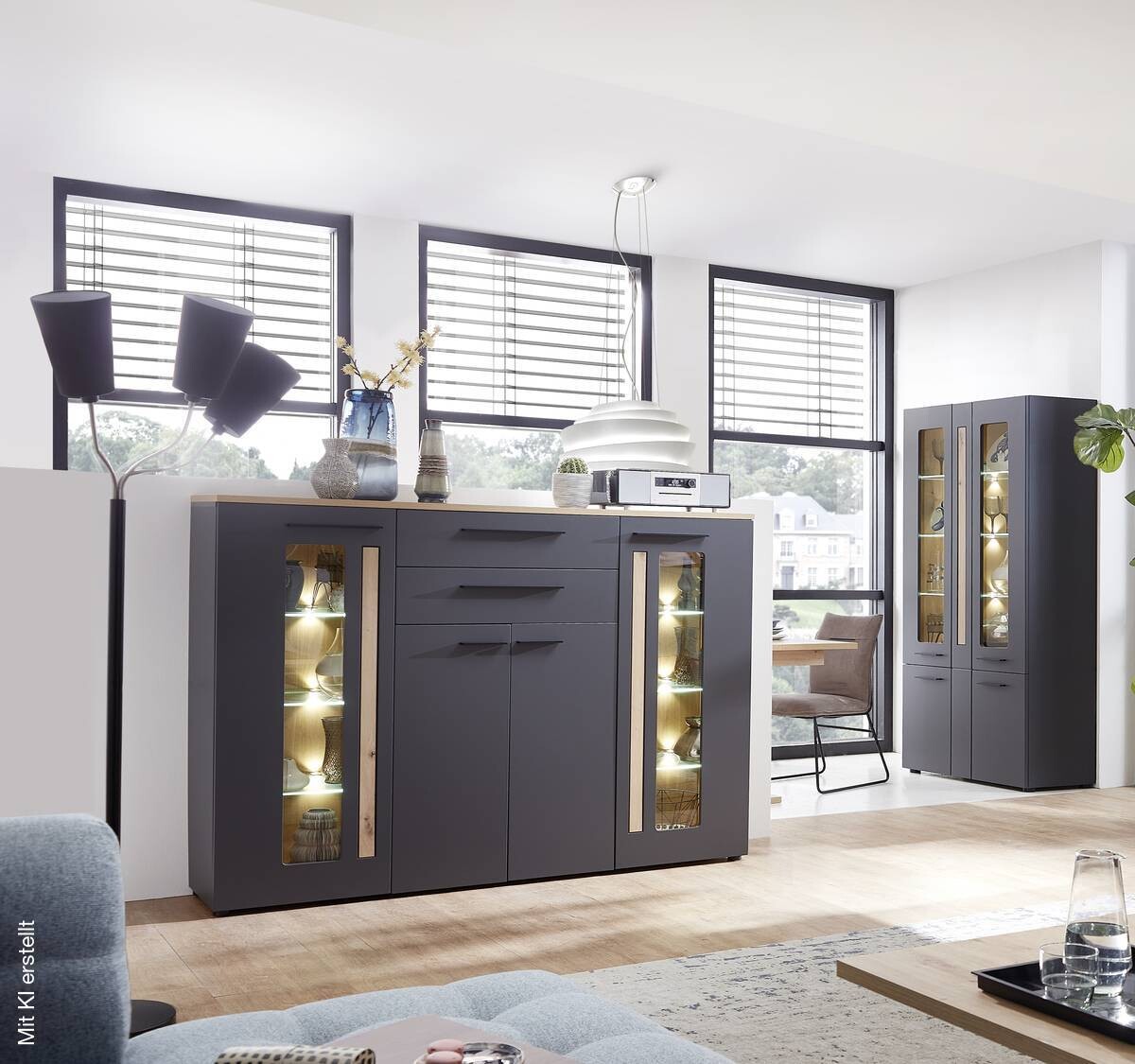 Highboard Loft Two Eiche Artisan Nachbildung Graphit Lacklaminat supermatt B/H/T: ca. 180x133x37 cm