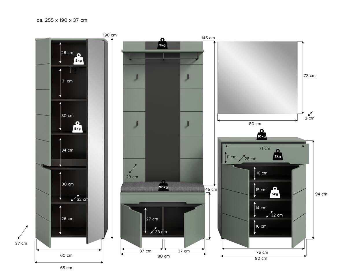 Garderobe Canu grün basaltgrau Nachbildung B/H/T: ca. 255x190x37 cm