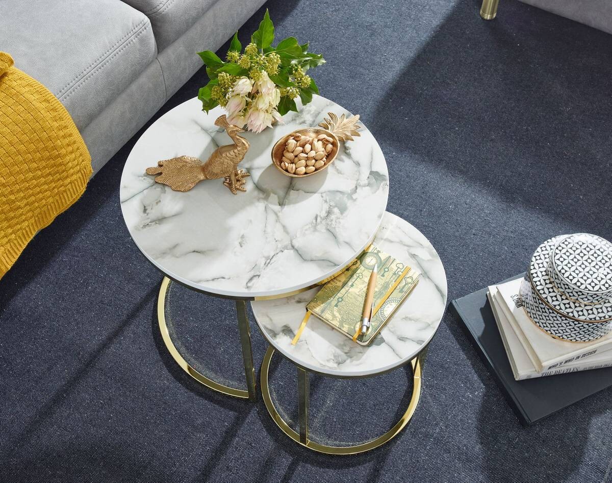Wohnling Couchtisch 2er-Set. weiß Marmor gold MDF Stahl