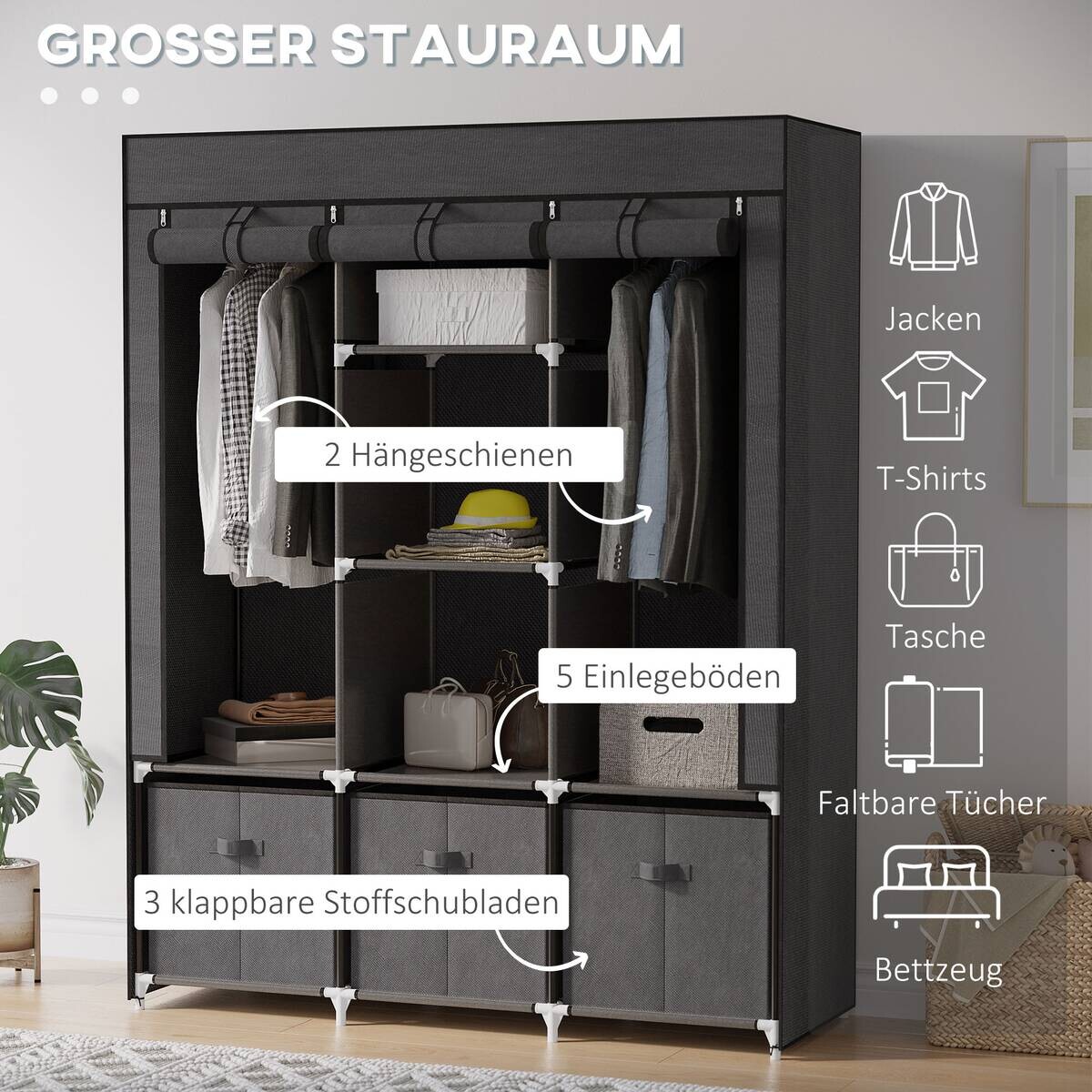 HOMCOM Kleiderschrank dunkelgrau Polypropylen B/H/L: ca. 43x125x162,5 cm