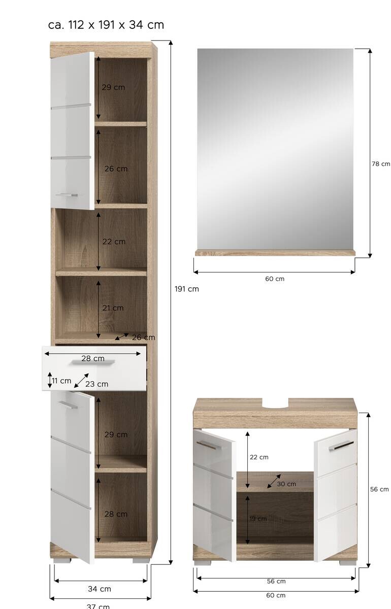 Badezimmer-Set Lambada Eiche Sonoma Nachbildung weiß Hochglanz B/H/T: ca. 112x191x34 cm