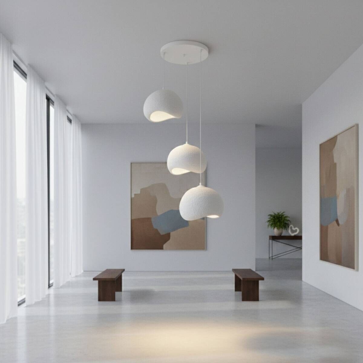 Opviq Pendelleuchte Yontu-15853 weiß Polyester-Mischgewebe Metall B/H/L: ca. 29x120x34 cm E27 3 Brennstellen