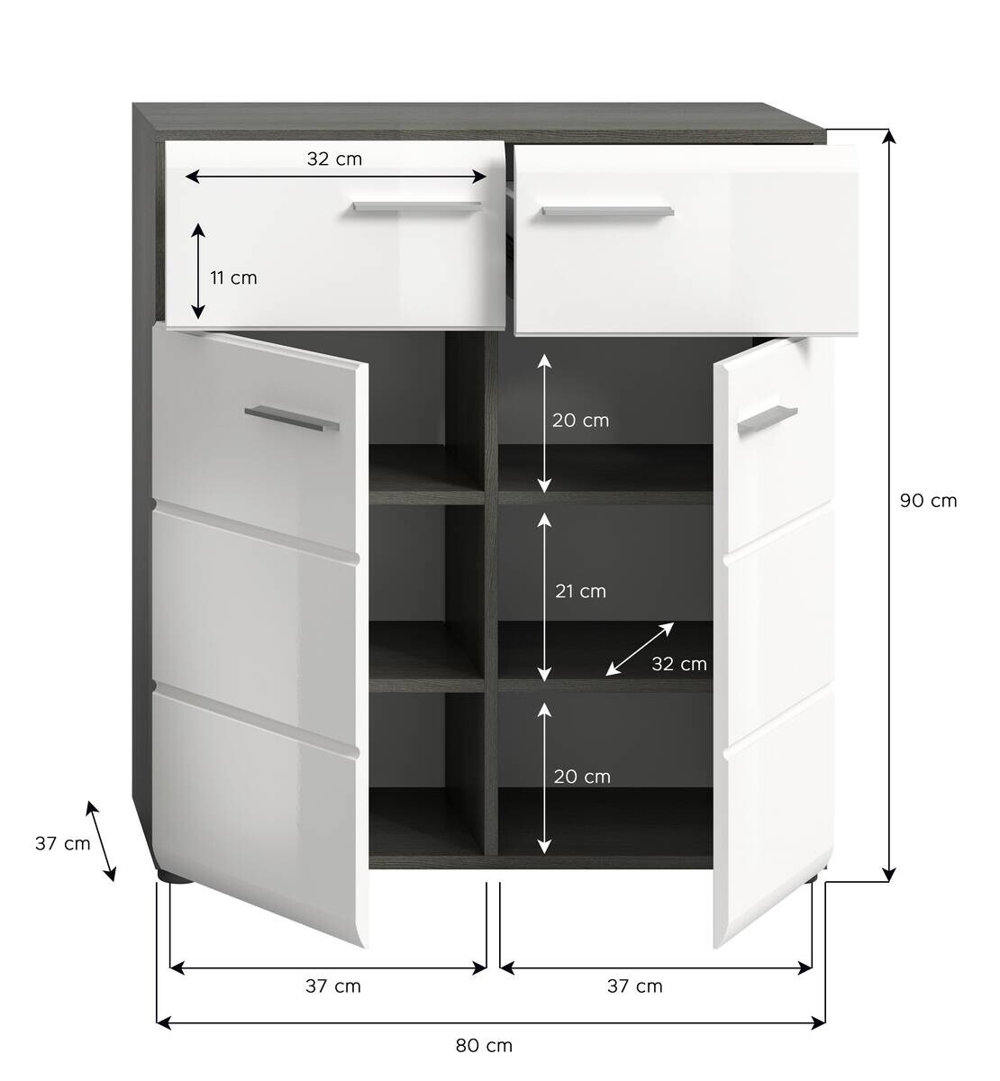 Schuhkommode SALSA Rauchsilber Nachbildung weiß Hochglanz B/H/T: ca. 80x90x37 cm