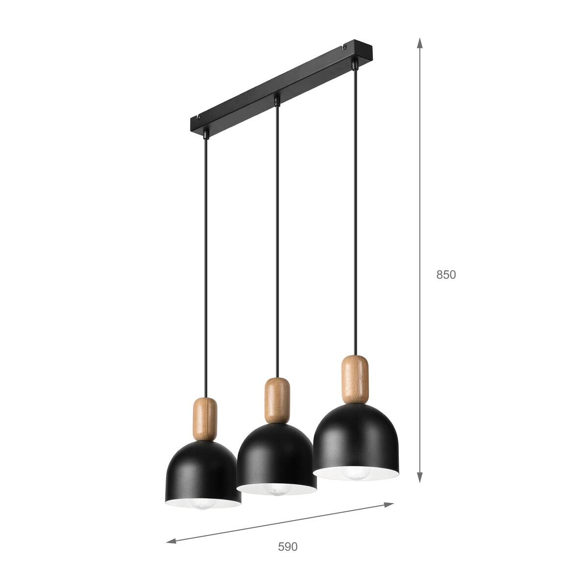 Lamkur Hängeleuchte schwarz Eiche Stahl Holz B/H/L: ca. 15,5x85x59 cm E27 3 Brennstellen