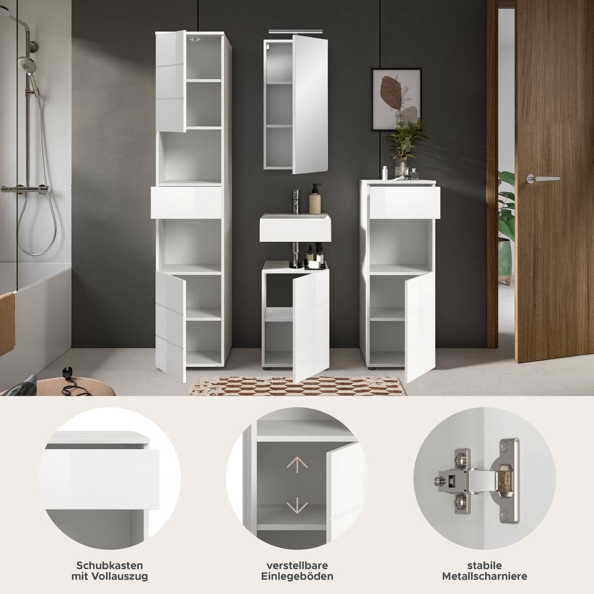 Badezimmer-Set VIRA weiß weiß Hochglanz B/H/T: ca. 144x190x34 cm