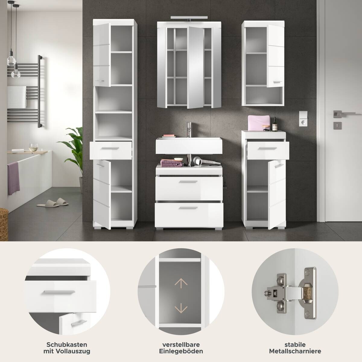 Badezimmer-Set Scout weiß weiß Hochglanz B/H/T: ca. 164x191x37 cm