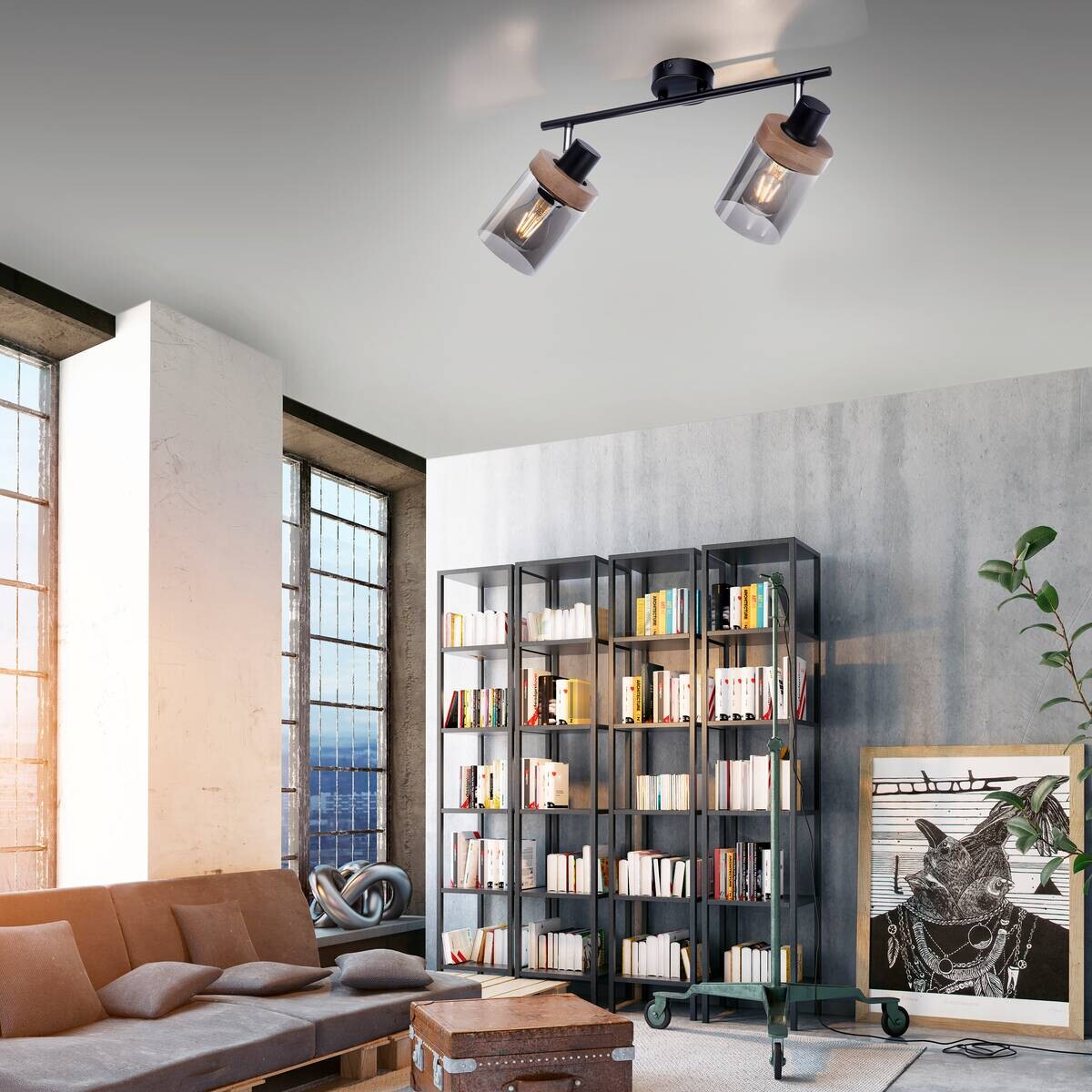 Just Light Spot Pasqual schwarz Rauch Metall Glas B/H/L: ca. 24x30x64 cm E27 2 Brennstellen