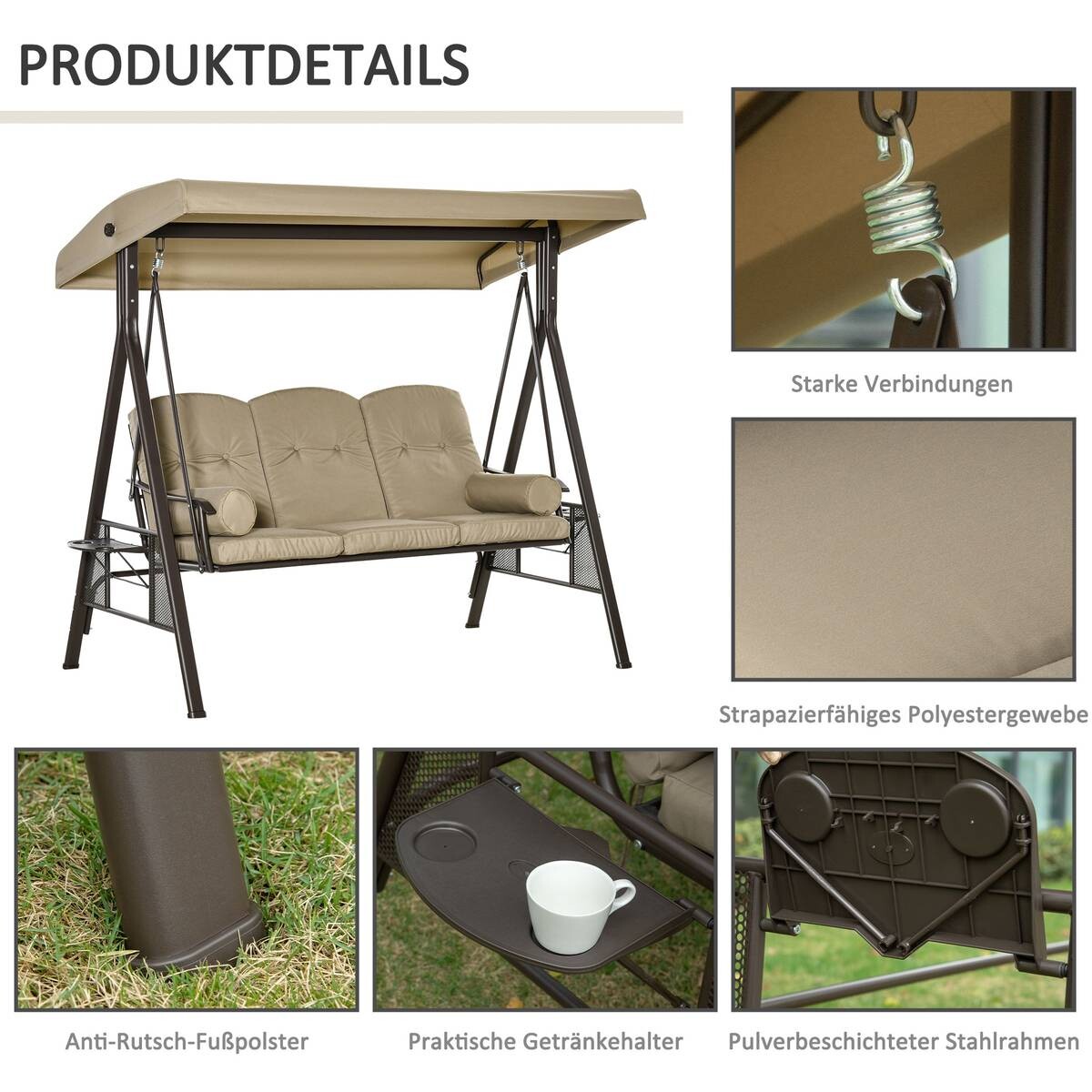 Outsunny Hollywoodschaukel khaki Polyester B/H/L: ca. 206x183x116 cm