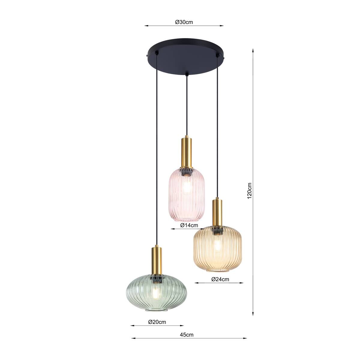 Pendelleuchte bunt Glas H/D: ca. 120x45 cm E27 3 Brennstellen
