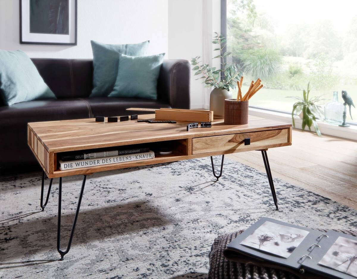 Wohnling Couchtisch natur schwarz Akazie Metall B/H/T: ca. 110x40x60 cm