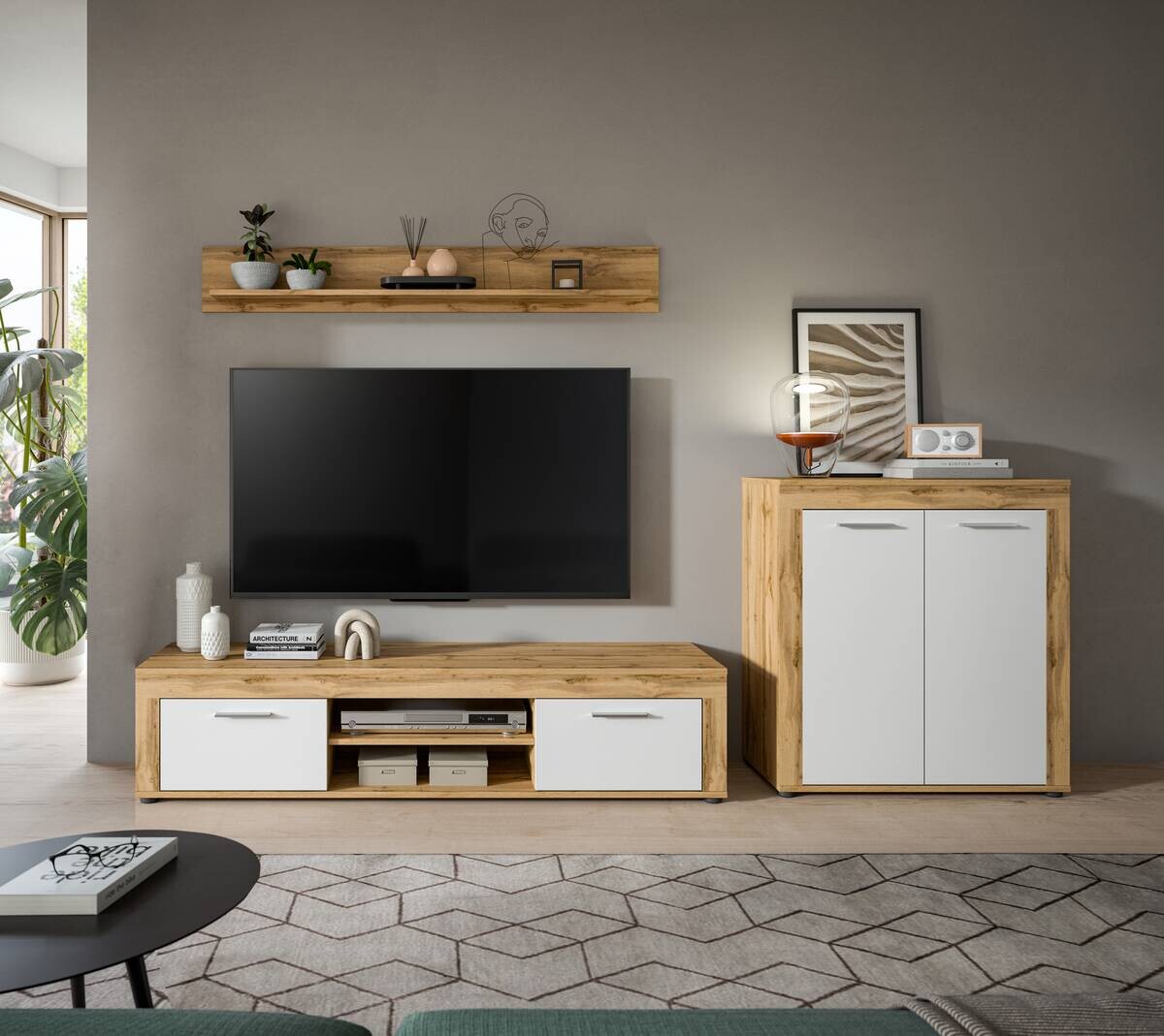 Wohnwand Jam Eiche Wotan Nachbildung weiß B/H/T: ca. 255x159x35 cm