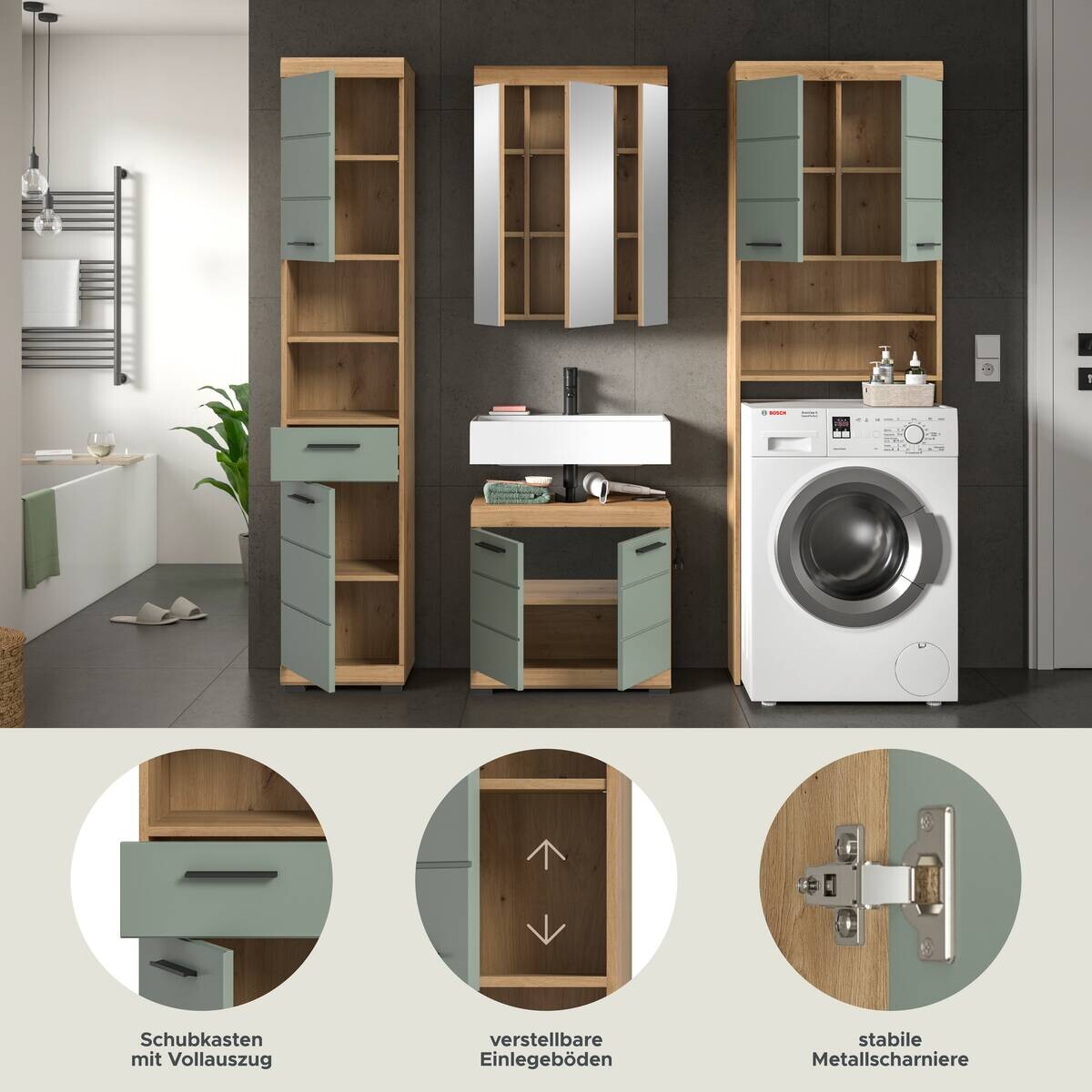 Badezimmer-Set Scout Eiche Artisan Nachbildung salbei Nachbildung B/H/T: ca. 190x191x34 cm