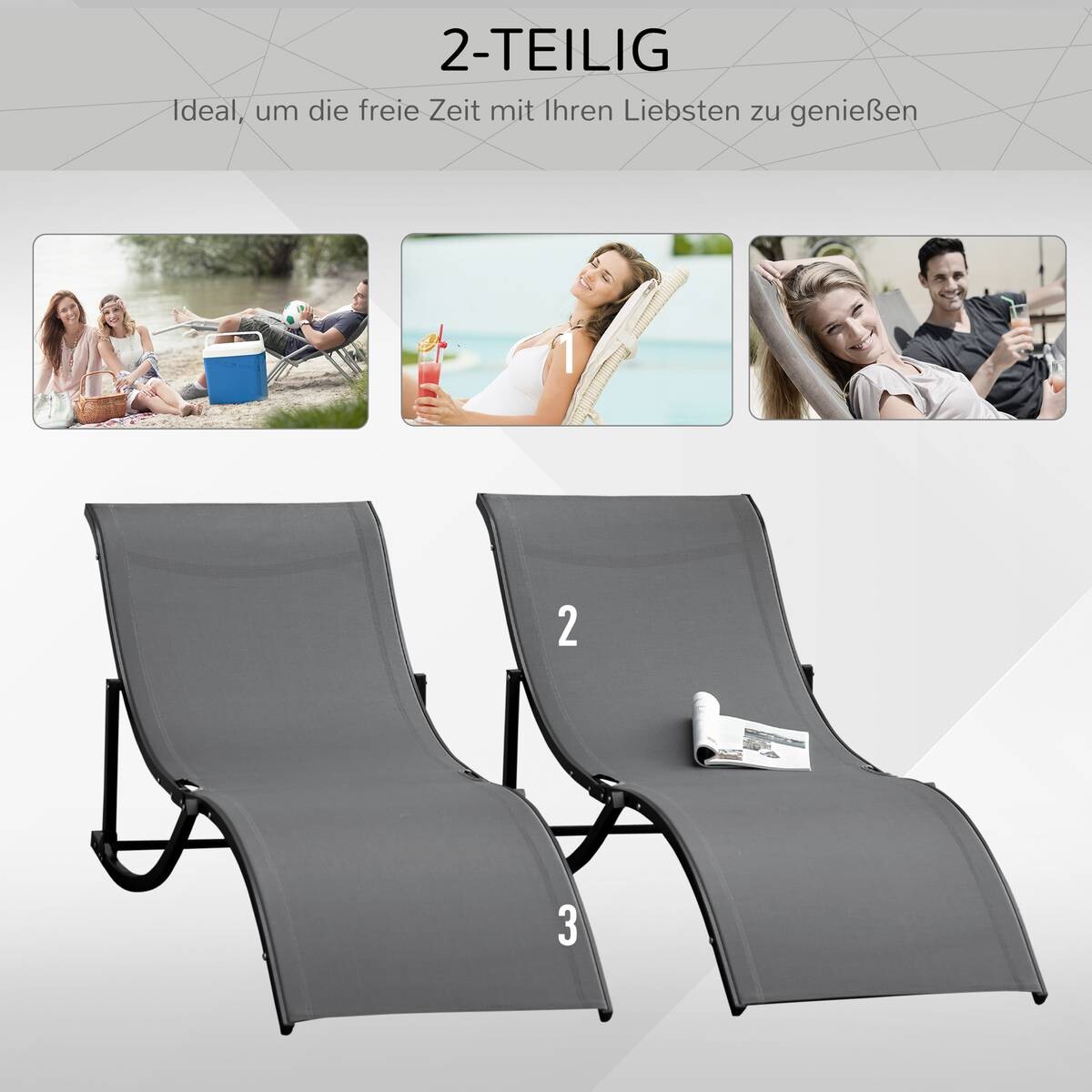Outsunny Gartenliege 2er Set dunkelgrau Aluminium B/H/L: ca. 61x63x165 cm