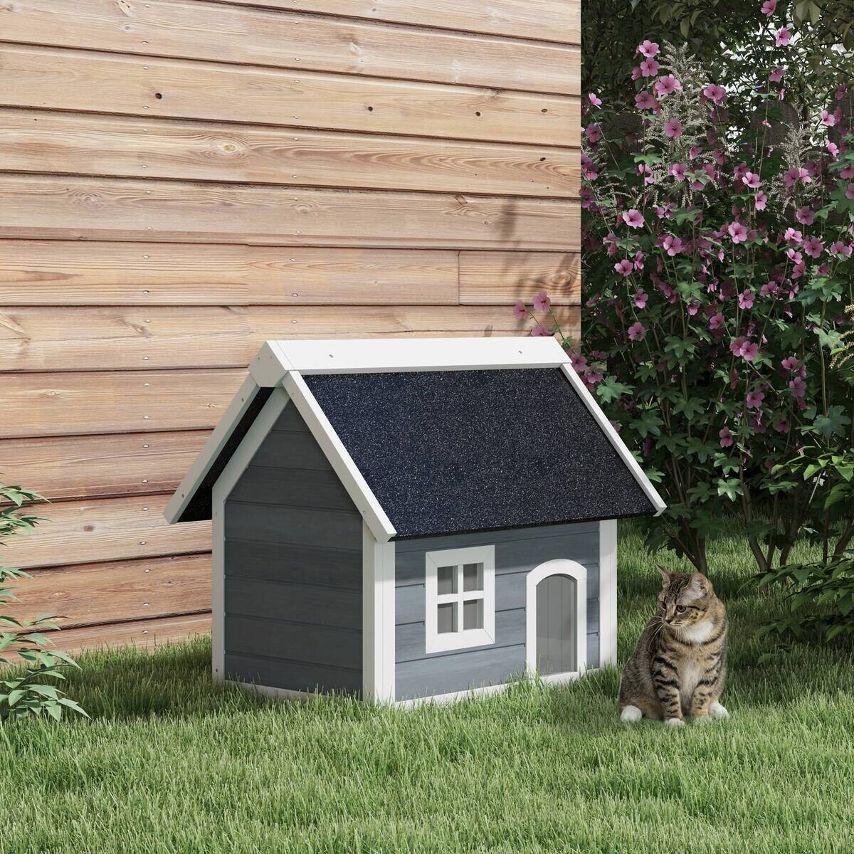 PawHut Katzenhaus grau Holz B/H/L: ca. 57,5x68x77 cm