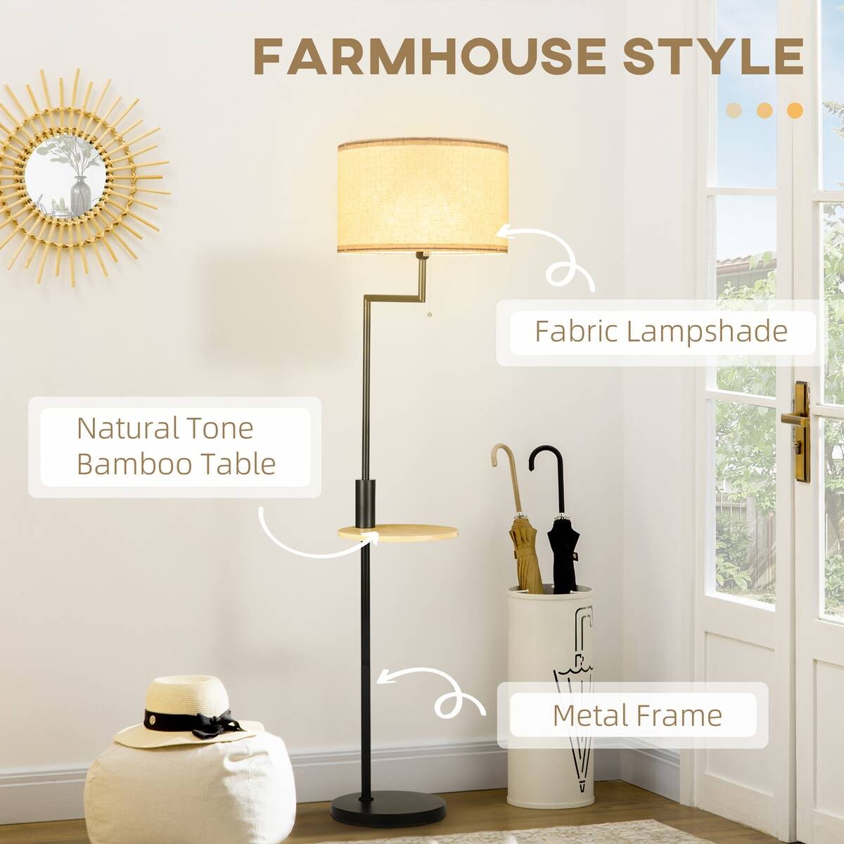 HOMCOM Stehlampe cremeweiß Stahl Bambus Polyester B/H/T: ca. 40x168x40 cm
